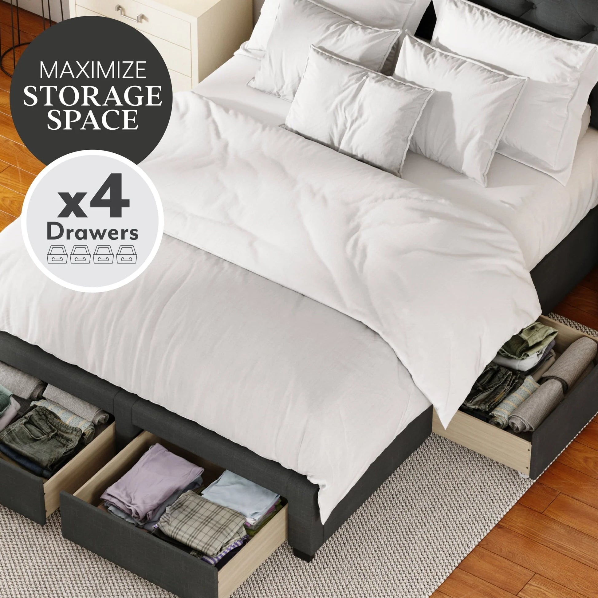 DG Casa Argo Tufted Upholstered Panel Bed Frame with Storage Drawers and Nailhead Trim Headboard, Queen Size Storage Bed in Charcoal Linen Style Fabric