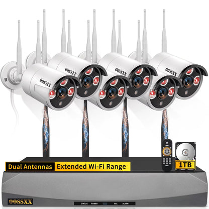 OOSSXX Dual Antennas Wireless Security Camera System, 4 Wireless Cameras for Outdoors with 2TB Hard Drive with AI Human Detected