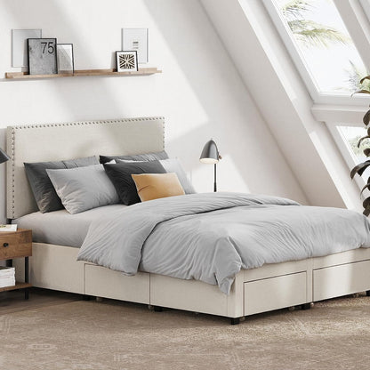 DG Casa Lucas Nailhead Trim Upholstered Platform Bed Frame with Storage, Queen Size, Beige