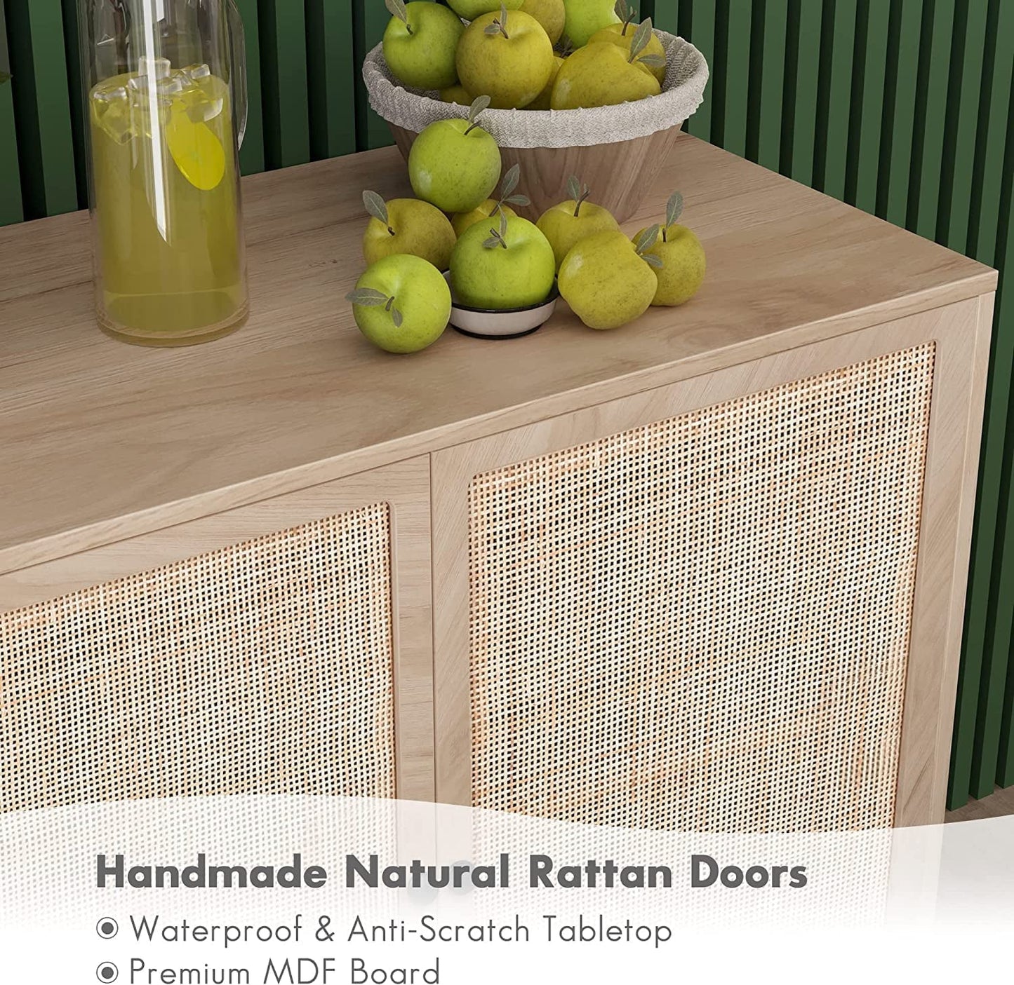 Buffet Sideboard Cabinets with Handmade Natural Rectangle Rattan Doors Set of 2, Accent Oak Color Entryway Chest Console Table with Storage Cabinet for Dining Room, Living Room, Kitchen