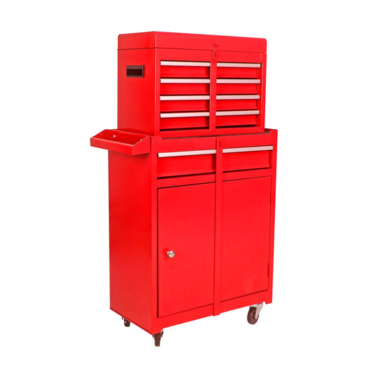 5-Drawer Tool Organizer Box, 2 in 1 Rolling Tool Chest w/Adjustable Shelf, Detachable Top, Lockable Wheels for Garage Workshop Warehouse, Red