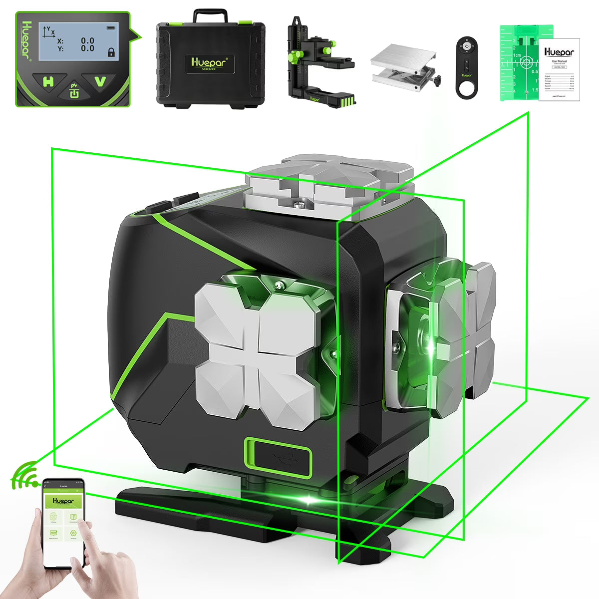 4D 16 Lines Self-Leveling Laser Level, 200Ft Green Beam 4 x 360° Cross Line Laser Level Tools with LCD Screen, Bluetooth and Magnetic Bracket