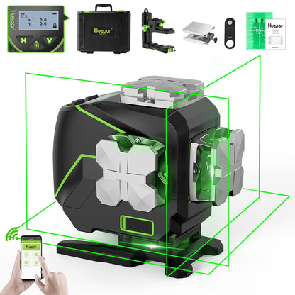 4D 16 Lines Self-Leveling Laser Level, 200Ft Green Beam 4 x 360° Cross Line Laser Level Tools with LCD Screen, Bluetooth and Magnetic Bracket