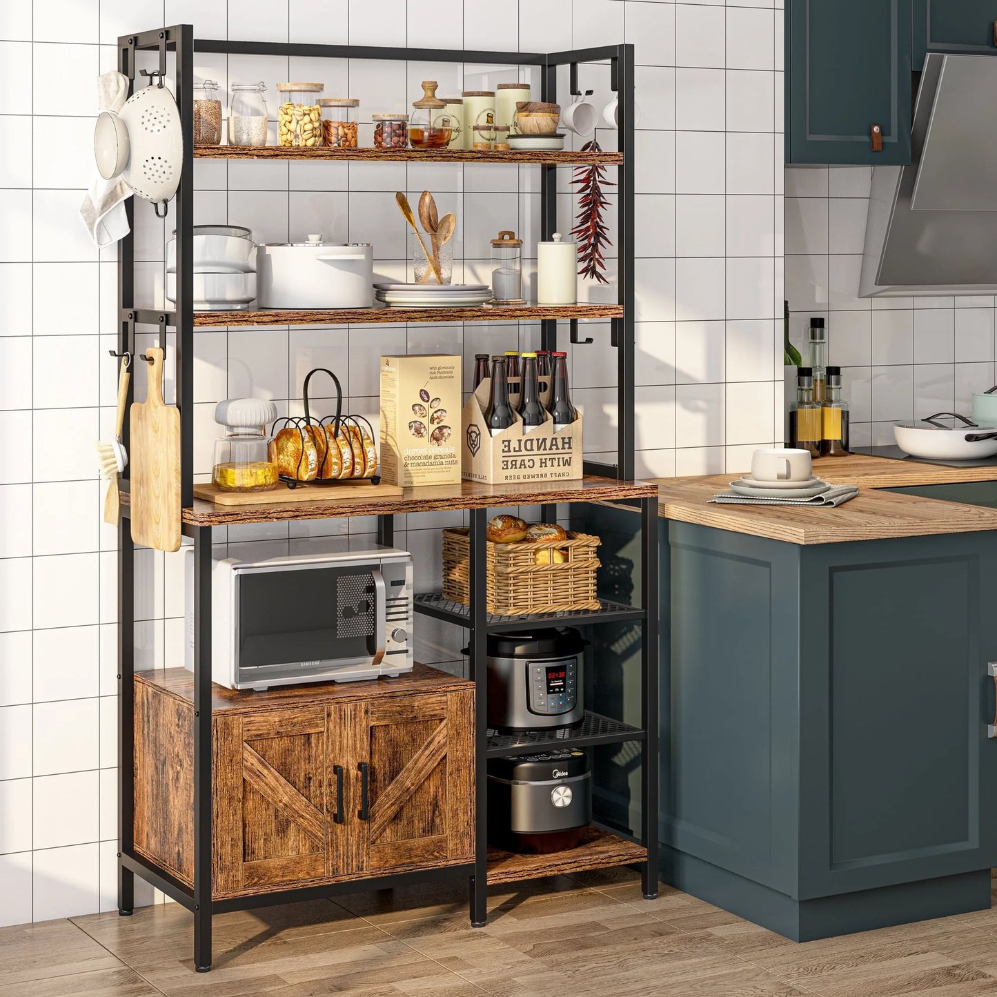 EnHomee 6 Tier Kitchen Bakers Rack Microwave Oven Stand with Storage Coffee Bar with Shelves Cabinet Hooks, 29.5" W * 13.9" D * 63" H Rustic Brown