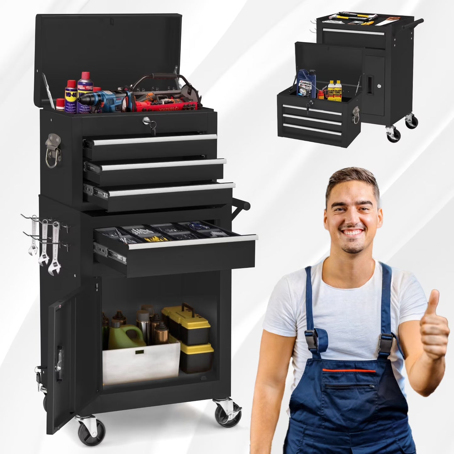 AECOJOY 8-Drawer Rolling Tool Chest, Large Tool Cabinet with Universal Lockable Wheels, Detachable Toolbox Storage for Garage, Repair Shop, Workshop, Black
