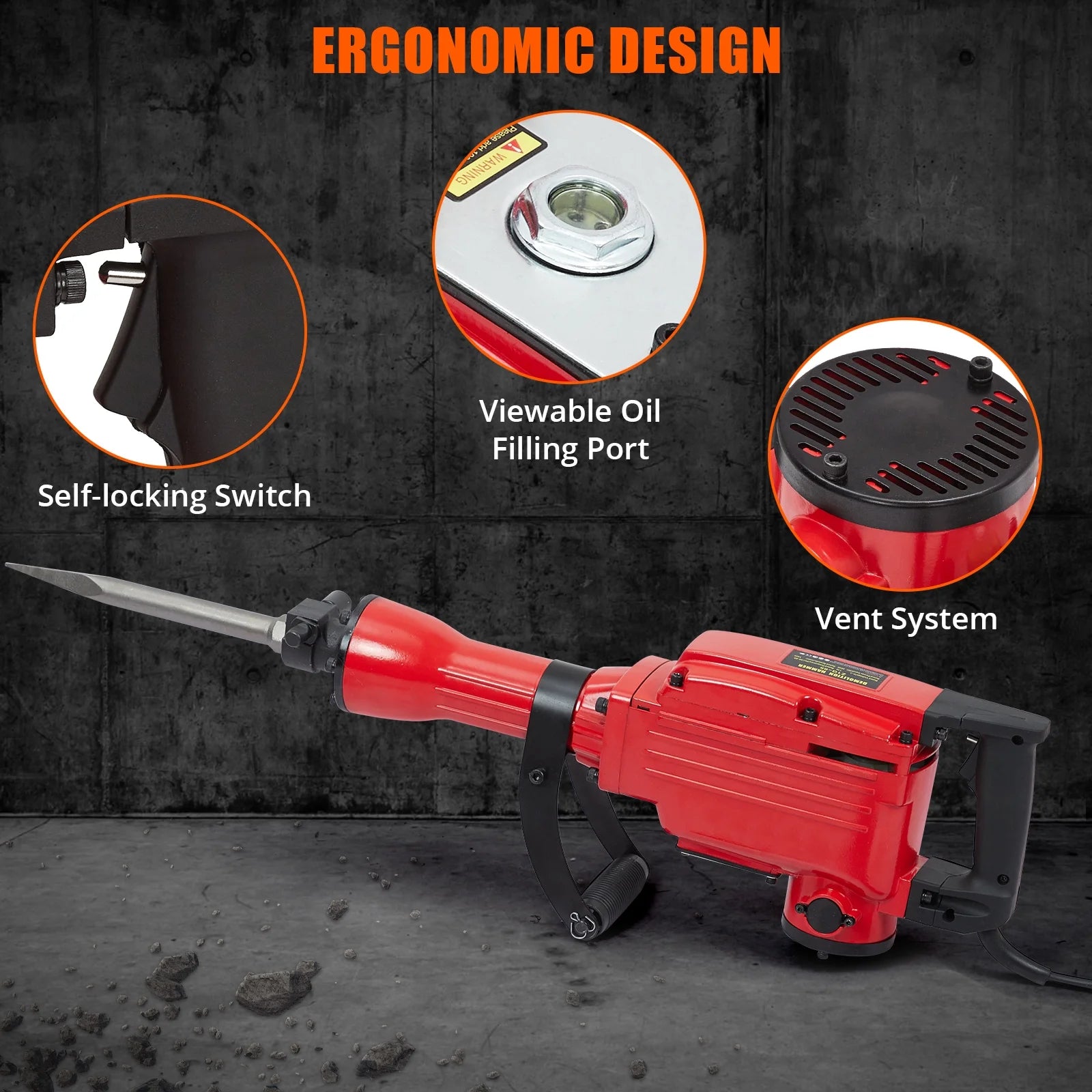3-piece set 65A 1700W 4 110 Hammer Drill 2200w Electric Demolition Jackhammer Set - Jack Hammer Powerful Performance, 2 Chisels, Gloves, Tool Box, Wrench. Ideal For Superior Demolition Jobs