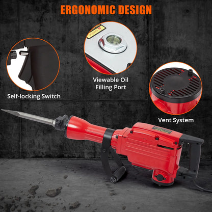 3-piece set 65A 1700W 4 110 Hammer Drill 2200w Electric Demolition Jackhammer Set - Jack Hammer Powerful Performance, 2 Chisels, Gloves, Tool Box, Wrench. Ideal For Superior Demolition Jobs
