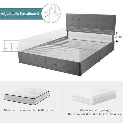 Einfach Queen Size Storage Bed Frame with 4 Big Drawers, Square Button Tufted Adjustable Headboard, Dark Grey