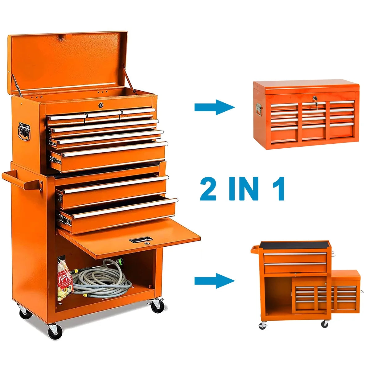 8-Drawer Tool Chest with Wheels, Tool Storage Cabinet and Tool Box, Lockable Rolling Tool Chest with Drawers, Toolbox Organizer for Garage Warehouse Workshop (Orange)