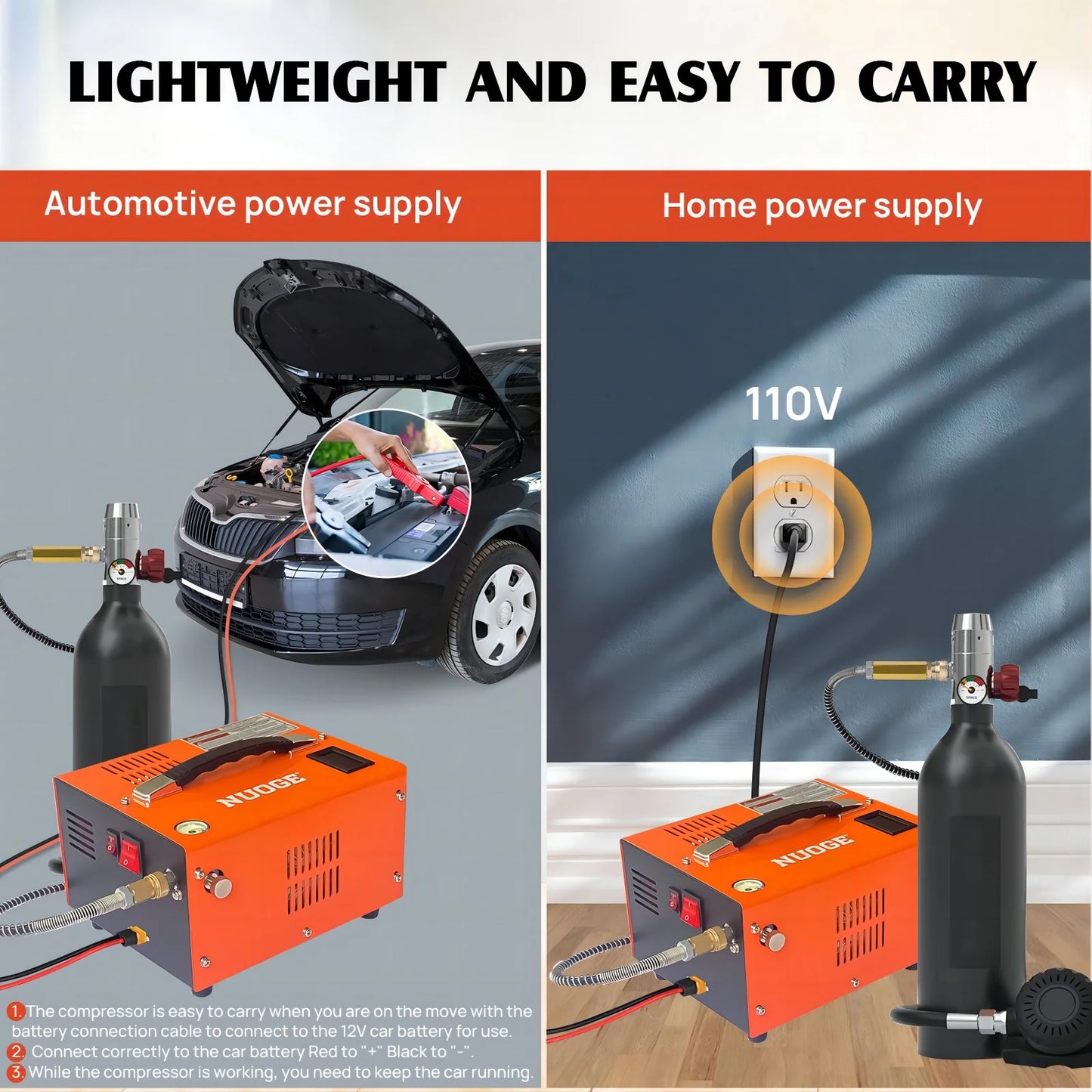 NUOGE Pcp Air Compressor,4500Psi 30Mpa Powered by Car 12V DC or Home 110V AC W/Converter