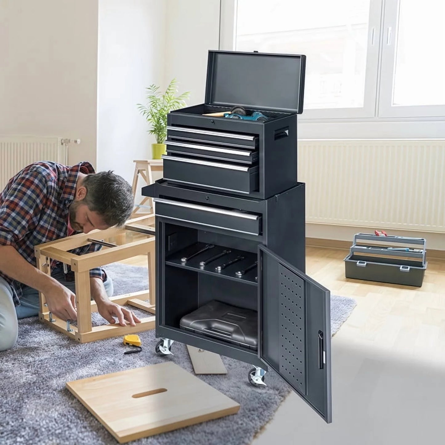 Gundir 4-Drawer Rolling Tool Chest with Lockable Wheels, 2 in 1 Storage Cabinet and Detachable Top Box for Garage Workshop Automotive Repair, Black