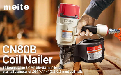 MEITE CN80B Pneumatic Coil Siding Nailer 15 Degree 2" to 3-1/4" Industrial Coil Nail Gun