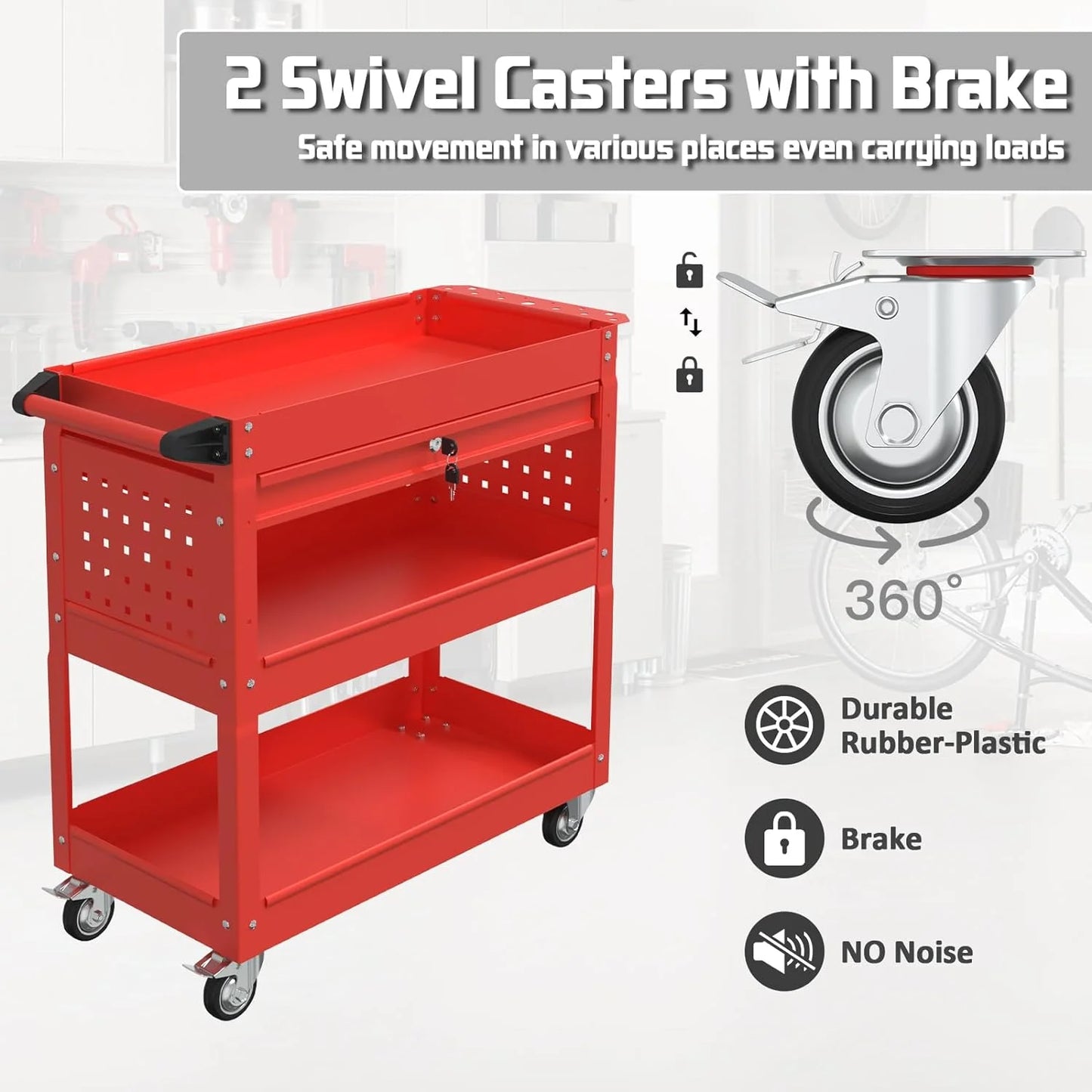 Odaof 3 Tier Rolling Tool Cart,Tool Chest and Tool Organizer with Wheels and Drawer,330 lbs Capacity Utility Cart for Garage Warehouse(Red)
