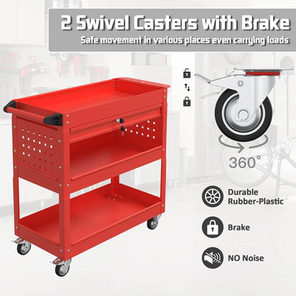 Odaof 3 Tier Rolling Tool Cart,Tool Chest and Tool Organizer with Wheels and Drawer,330 lbs Capacity Utility Cart for Garage Warehouse(Red)