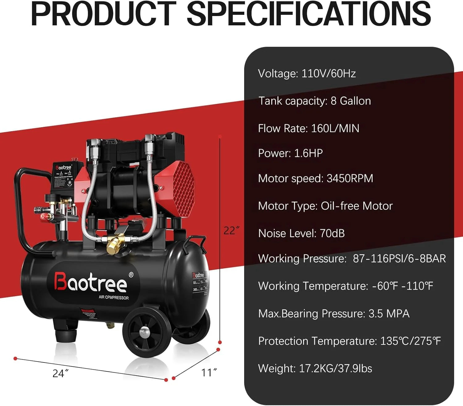 Zhixing 8 Gallon Portable Oil-Free Air Compressor, Ultra Quiet 70dB, 1.5HP 115PSI High Pressure 4.52CFM, Auto Repair/Bicycle Tire Inflating/Garage Painting | 110V-60Hz Home and Commercial