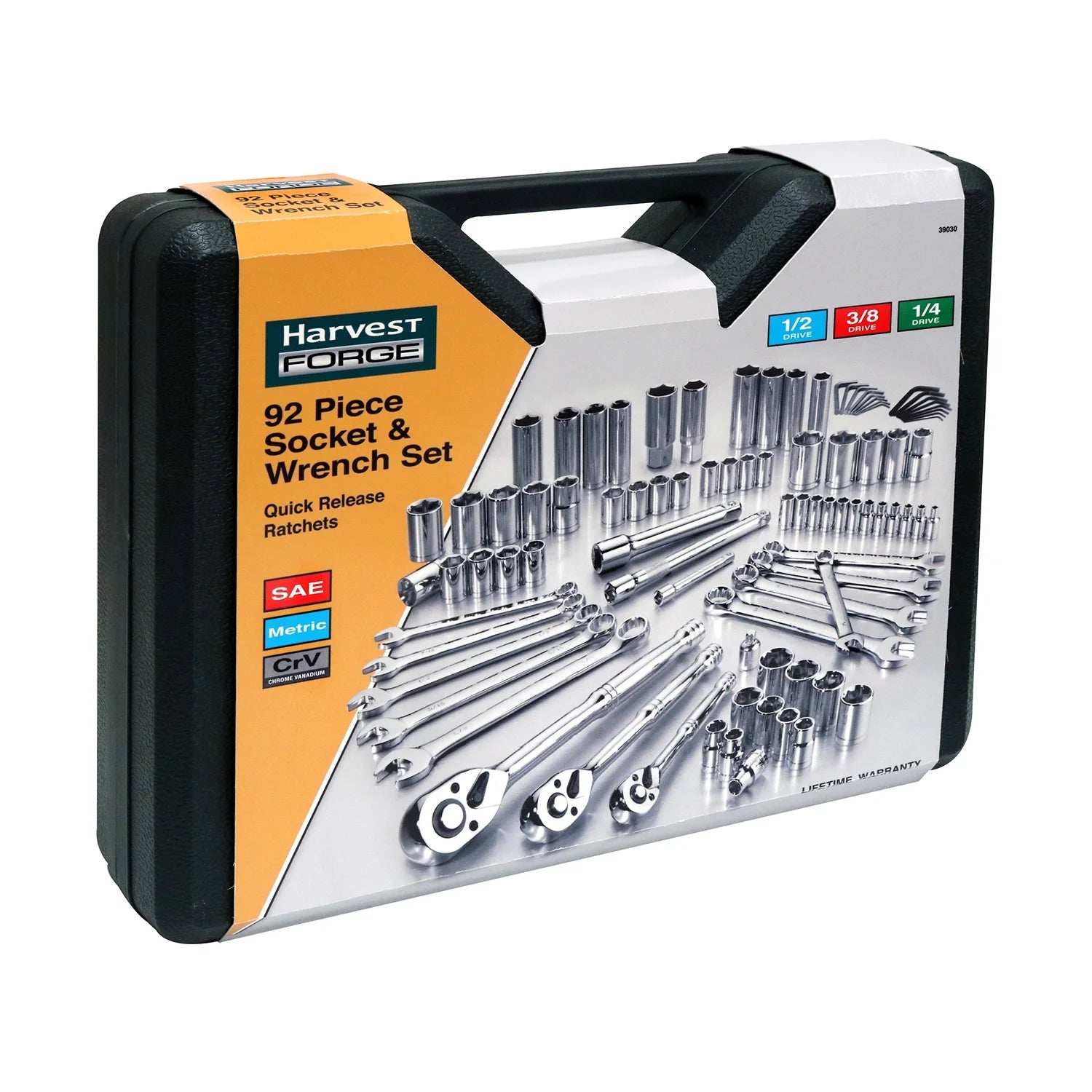 Pro-Grade 92 Pc Mechanics Tool Set, SAE & Metric, Chrome Vanadium, Ratchets, 39030