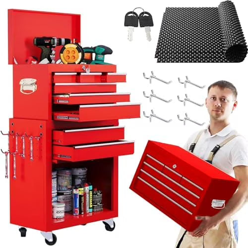 8-Drawer Rolling Tool Chest with Detachable Top Tool Box, Lockable Metal Tool Cabinet, and Liner, Heavy-Duty Storage Organizer with Wheels and 6 Hooks for Garage, Workshop, Green