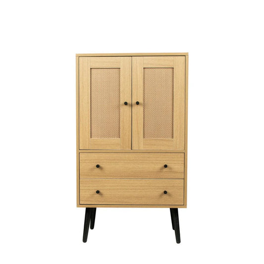 GZXS Storage Cabinet with 2 Rattan Doors & 2 Drawers, Mid Century Modern Buffet Sideboard Kitchen Cupboard for Living Room, Bedroom, Hallway, Home Office, Natural