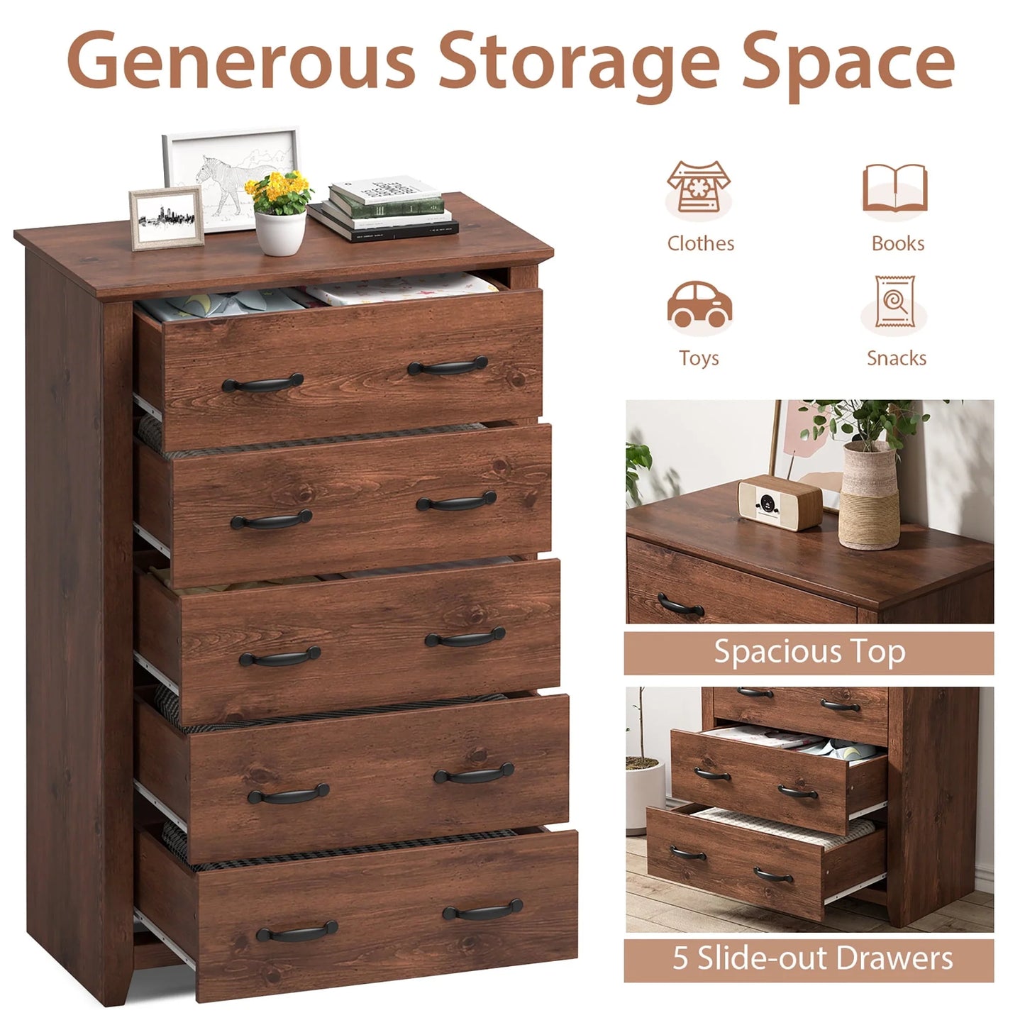 Costway 5 Drawer Chest Storage Dresser Tall Cabinet Organizer Bedroom Hallway Walnut