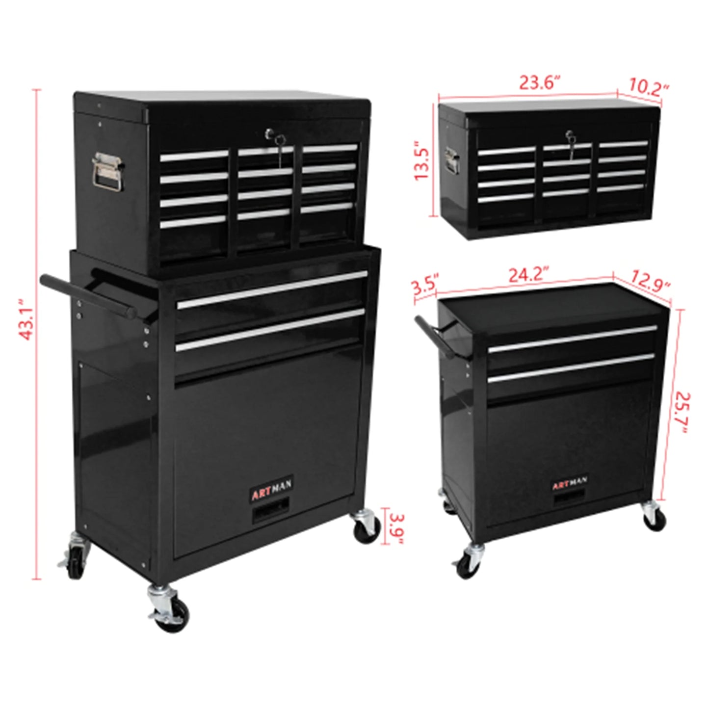 ARTMAN 2-IN-1 High Capacity 8-DrawerTool Box, Rolling Storage Tool Chest Cabinet with Wheels and Drawers for Garage Workshop Warehouse