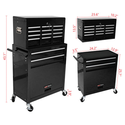 ARTMAN 2-IN-1 High Capacity 8-DrawerTool Box, Rolling Storage Tool Chest Cabinet with Wheels and Drawers for Garage Workshop Warehouse