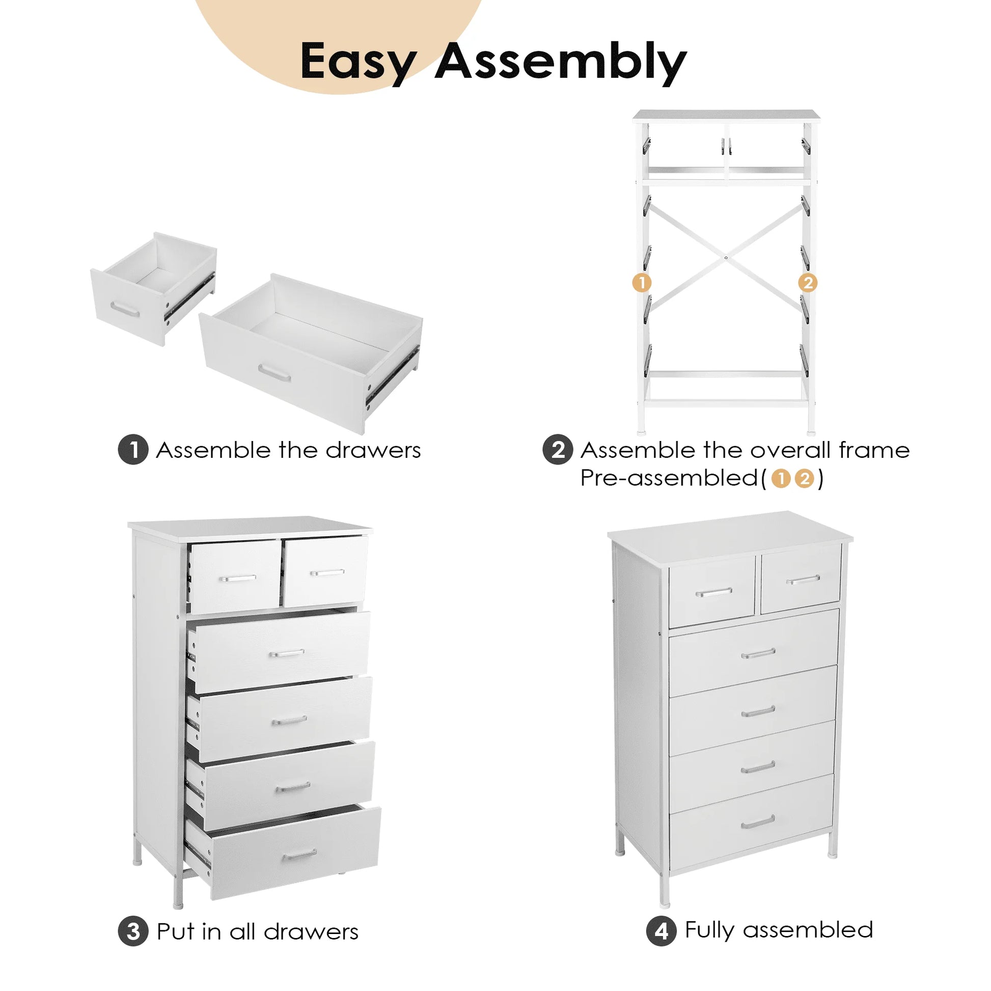 Chest of 6 Drawers, Drawer Dresser storage organizer for Bedroom, Living Room, Hallway, Nursery, Storage Cabinet Wooden Dresser with Steel Frame,White