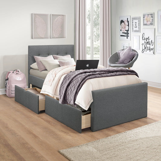 Emory Upholstered Twin Platform Bed with 2 Storage Drawers, Gray, by Hillsdale Living Essentials