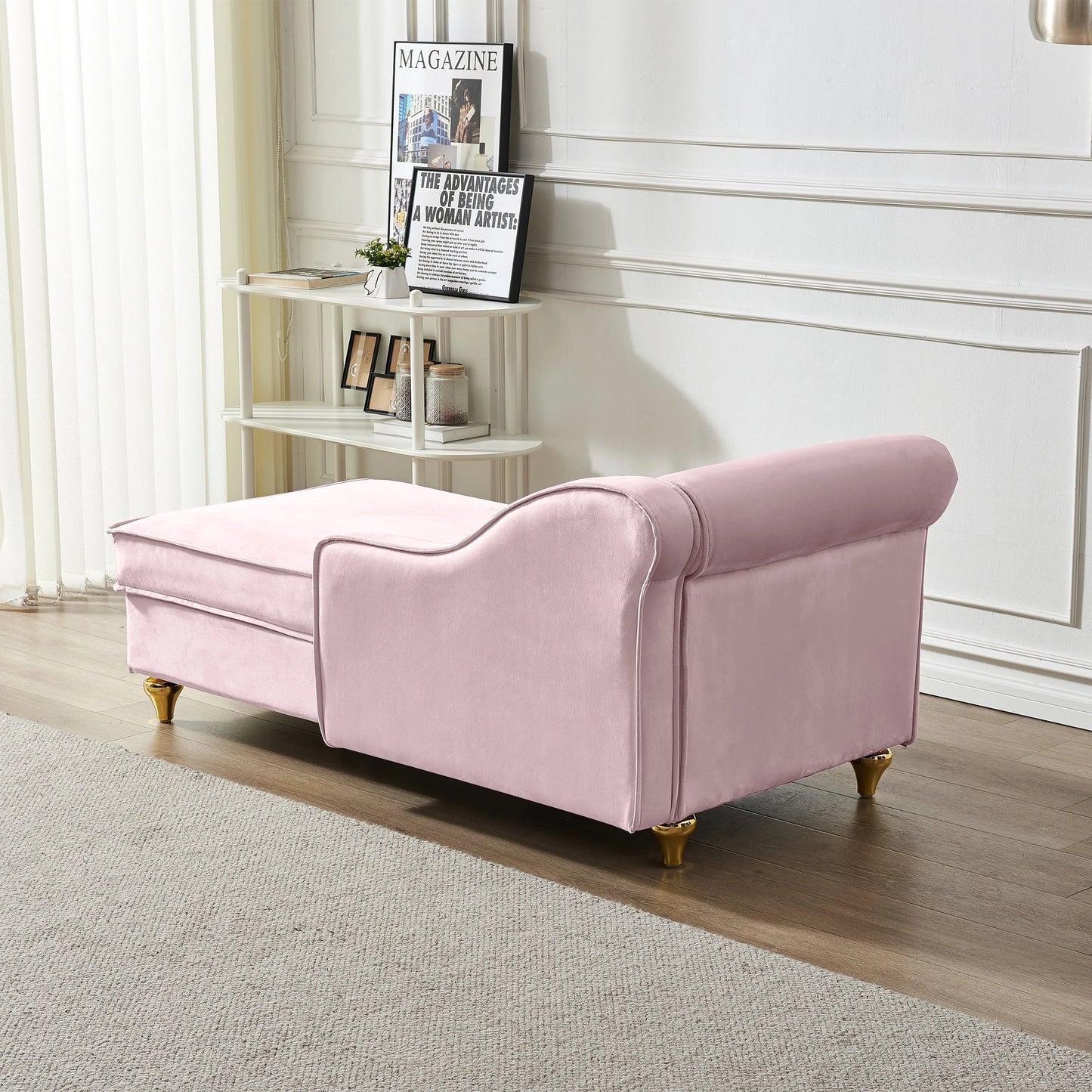 60.6" Velvet Chaise Lounge with Storage, Small Sofa Trimmed with Solid Metal Legs with 1 Pillow, Pink