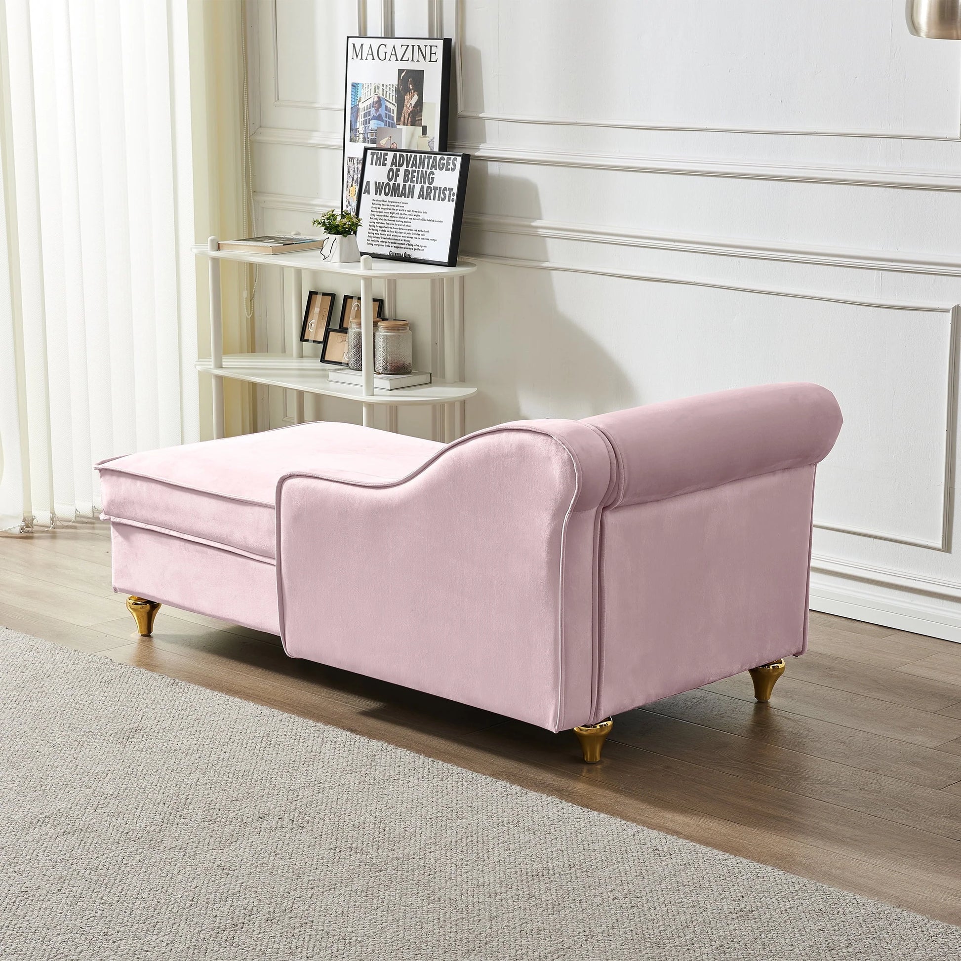 60.6" Velvet Chaise Lounge with Storage, Small Sofa Trimmed with Solid Metal Legs with 1 Pillow, Pink