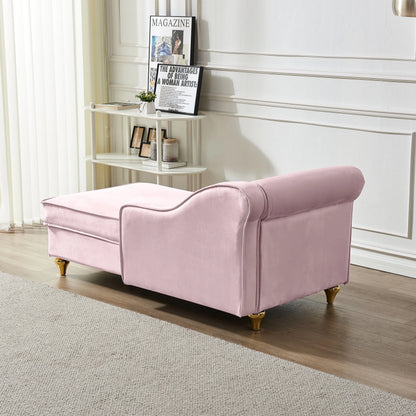 60.6" Velvet Chaise Lounge with Storage, Small Sofa Trimmed with Solid Metal Legs with 1 Pillow, Pink