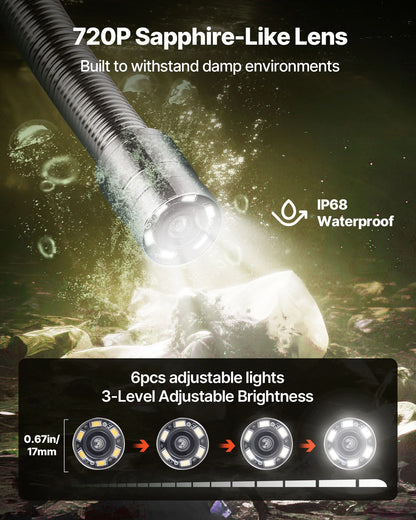 VEVOR Sewer Camera, 164 ft/50m, 4.3" Drain Inspection Camera, IP68 Waterproof Snake Plumbing Camera with Lights - 6 Adjustable LEDs, 4500mAh Battery & 16GB Card for Sewer Line Duct Pipes