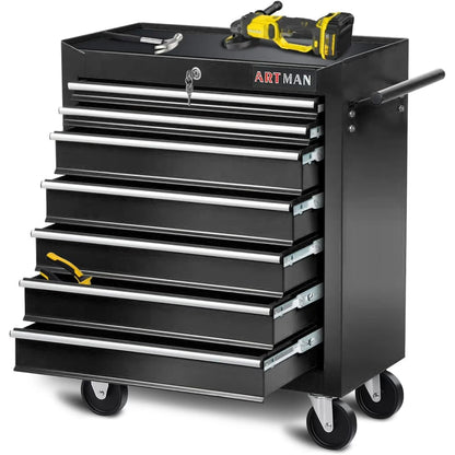 POVANLI 7-Drawer Rolling Tool Chest with Wheels Multifunctional Tool Chest Portable Tool Storage Cabinet with Locking System for Garage Workshop Warehouse Repair Shop