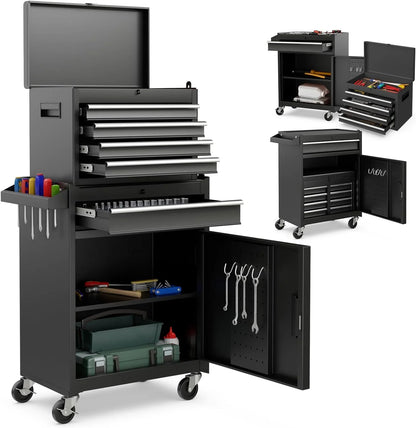 Huloretions 20" Tool Chest,Tool Storage Removable Tool Box Combo Rolling Tool Chest, 5-Drawers Metal Tool Box Organizer w/Auto Locking System & Lockable Wheels, Sliding Drawers, Detachable Top