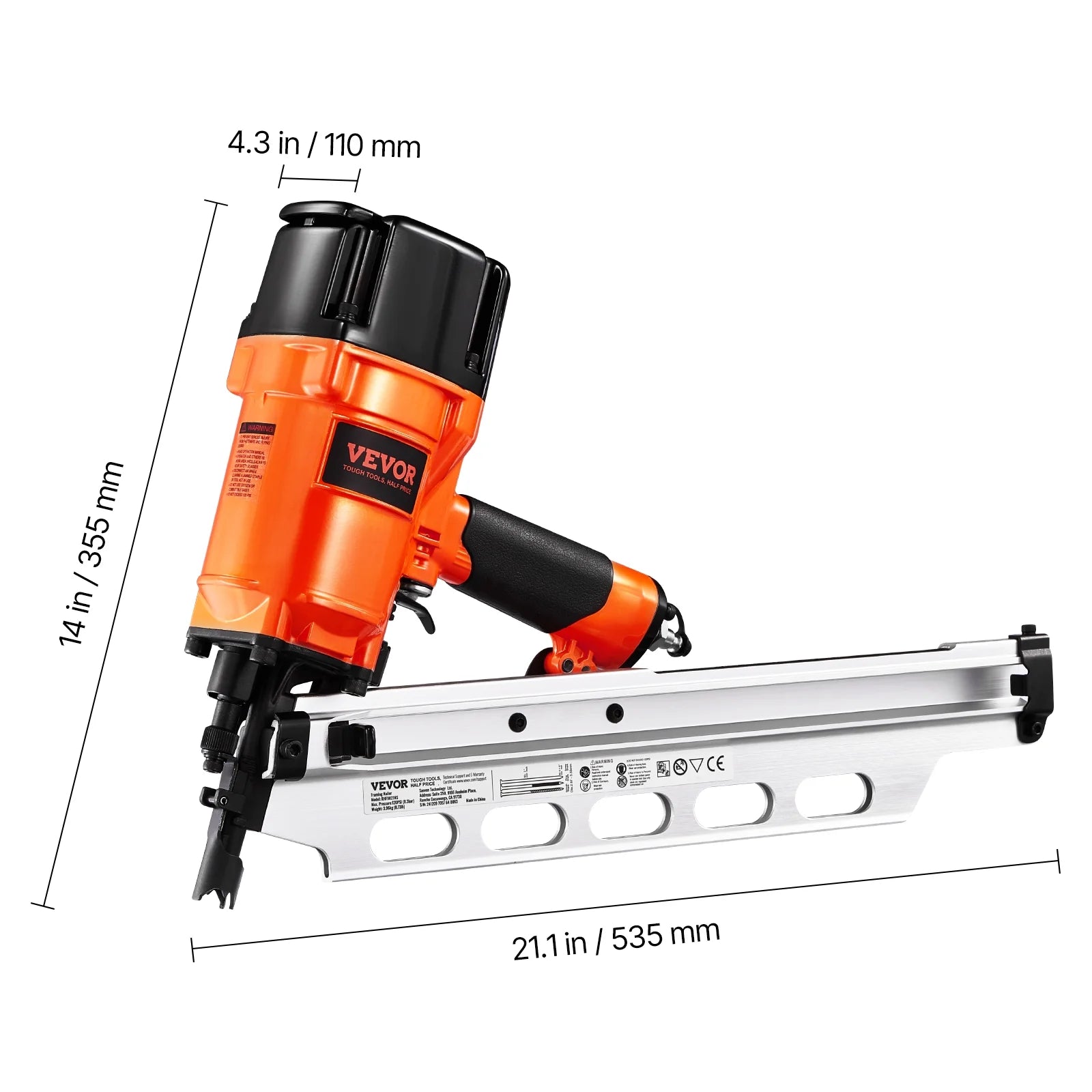 VEVOR Framing Nailer, 2" to 3-1/2" 21 Degree Full Round Head Pneumatic Framing Nailer with Dual Trigger Modes & Tool-Less Depth Adjustment, 80-120PSI Pro Air Nail Gun for Framing Flooring Decking