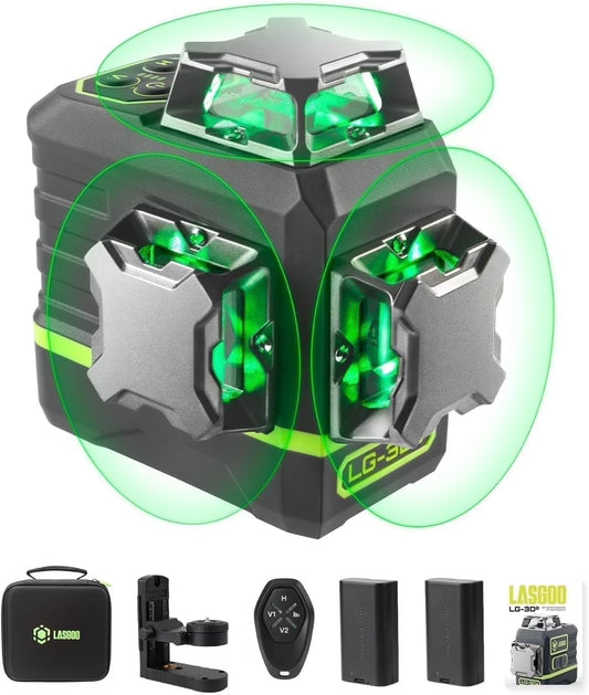 Laser Level 3x360? LASGOO with Remote Control, 2 Rechargeable Batteries, 100FT Range, 360? Magnetic Rotating Stand, IP54, 3Ds