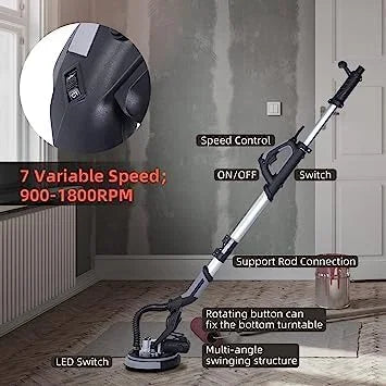 Danolapsi Drywall Sander,750W Electric Drywall Sander 7 Variable Speed 900-1800 RPM Sander with LED Light,Extendable Handle,Dust Hose,14 Pcs Sanding discs,Storage Bag