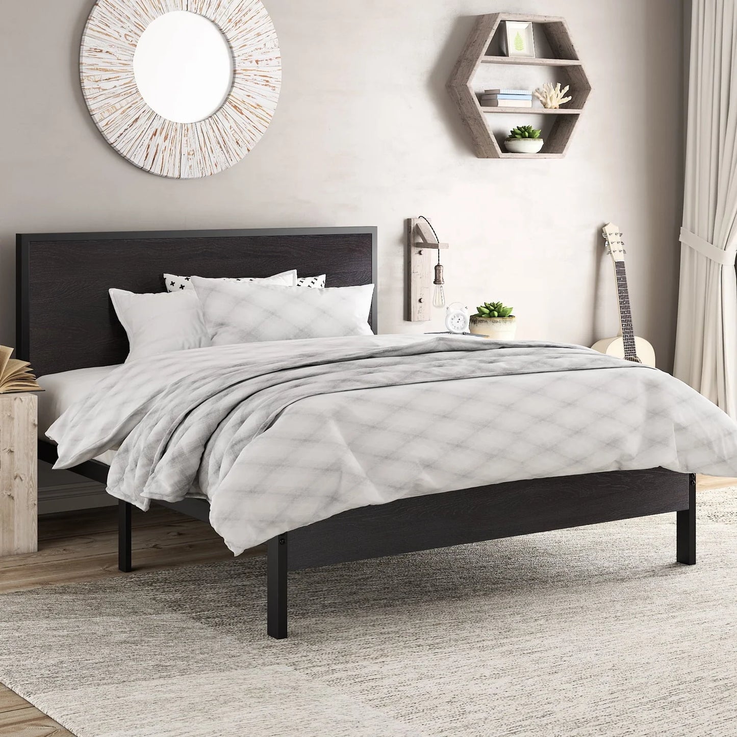Amolife Heavy Duty Queen Size Platform Bed Frame with Wood Headboard, 12" Under Bed Storage, Black Oak