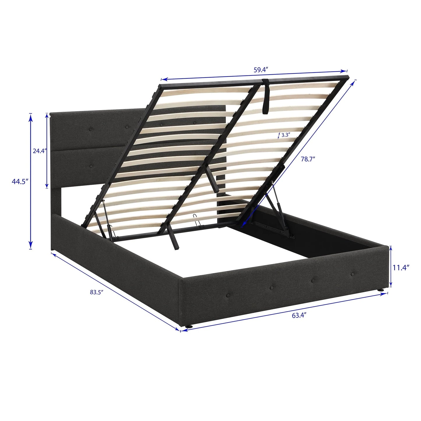 Euroco Queen Size Platform Bed with Underneath Storage, Upholstered, Gray