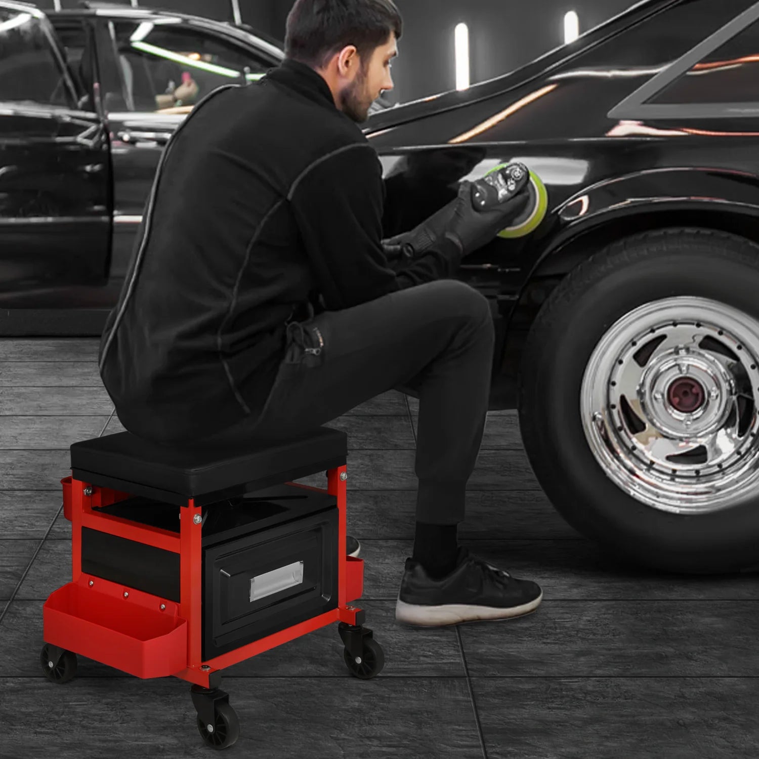 M-AUTO Adjustable Rectangular Roller Tool Box Padded Chair with Storage Tool Tray & Cabinet, 350 lbs Capacity with Casters - Red