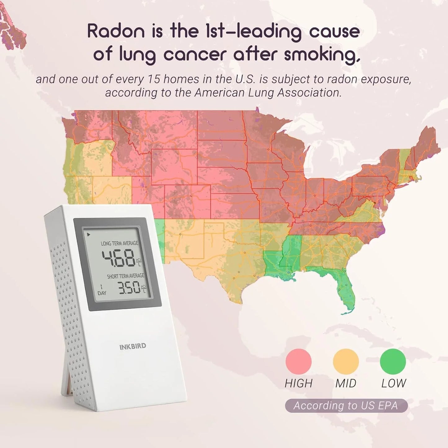 Inkird Home Radon Detector, Portable Radon Meter, Short-Term and Long-Term Accurate Monitoring 2-Year Battery,White