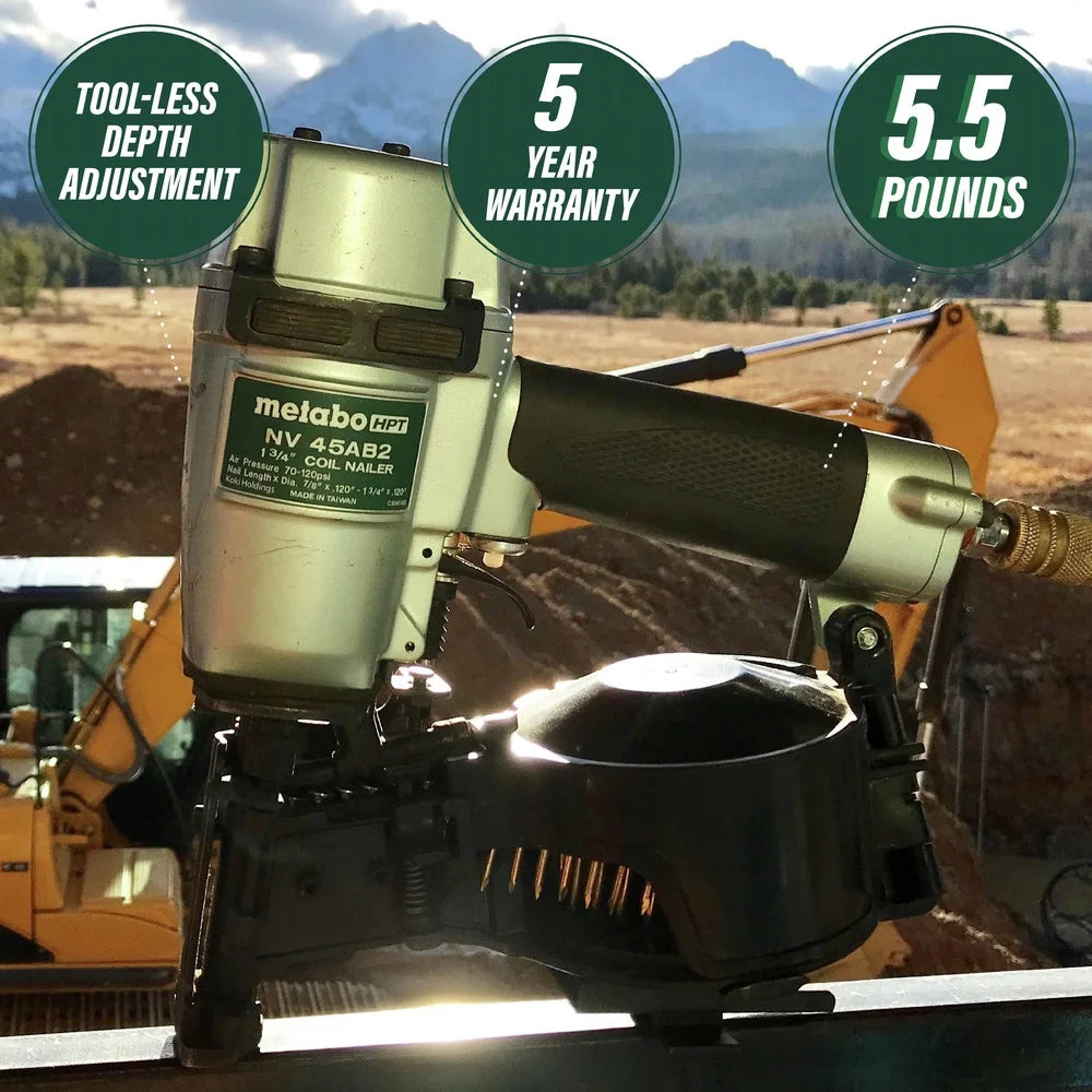 Metabo HPT Roofing Nailer, Pro-preferred Pneumatic Power Nailers in Roofing tools, Pneumatic Roofing Nailer for Asphalt Roofing Shingles, Nailer 16 Degree 7/8? to 1-3/4? Roofing Nails, NV45AB2