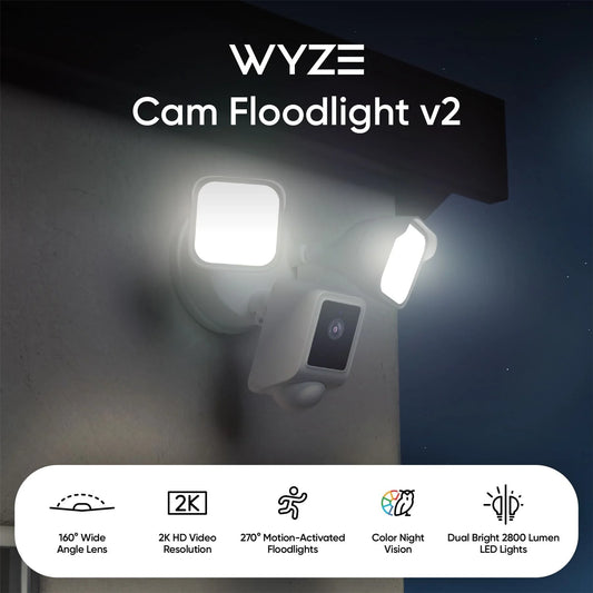 Wyze Floodlight Camera v2, 2800-Lumen LEDs, 2K HD Outdoor Security Camera, 160 Deg View, Motion Activated Light, 105db Siren, Color Night Vision, Wired