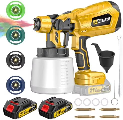 Cordless Paint Sprayer with Brushless Motor - 2 Batteries, 4 Brass Nozzles, 3 Spray Patterns, HVLP Spray Gun, Adjustable Flow Control, Electric Paint Spray for House/Furniture/Fence DIY Projects