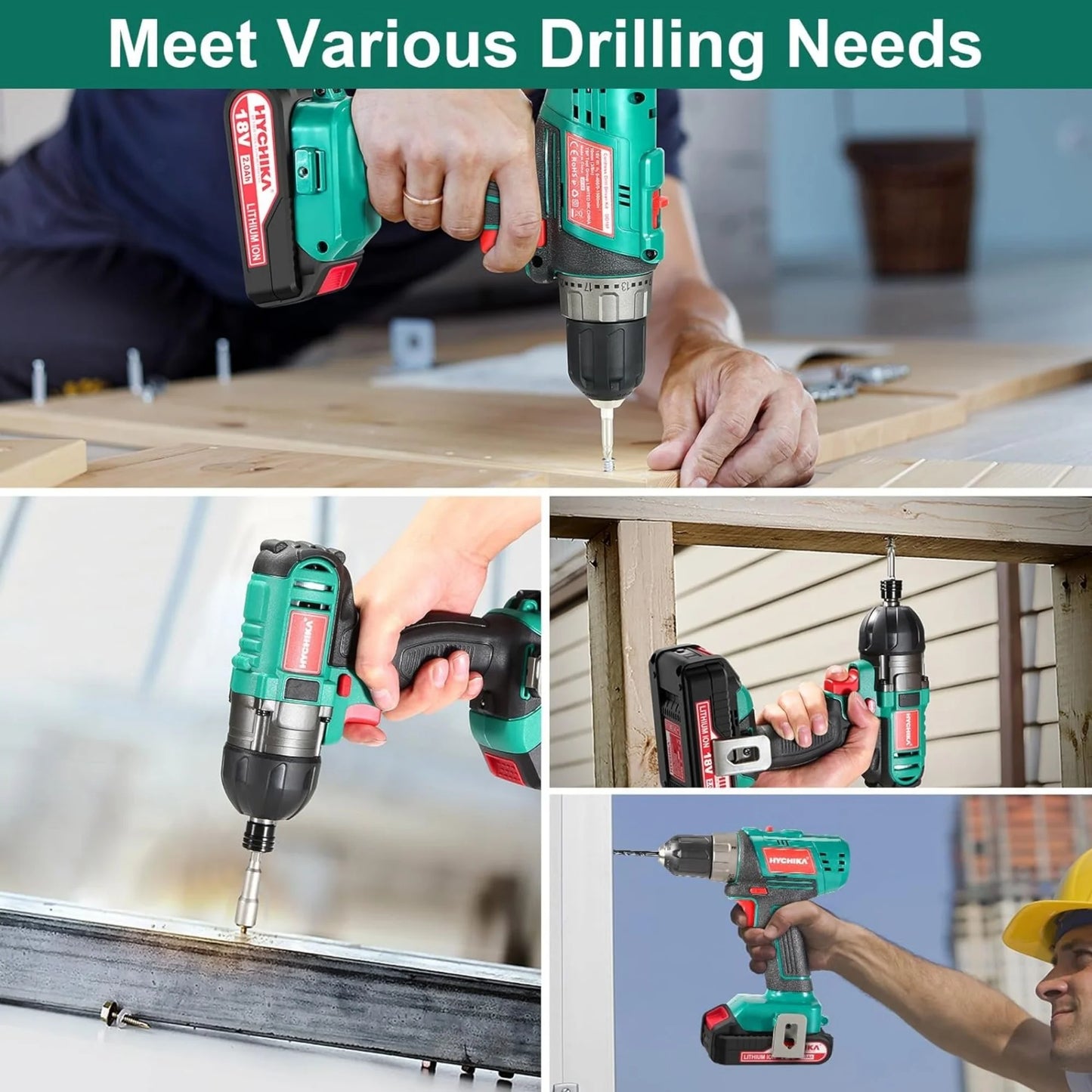 Cordless Drill Driver and Impact Driver 20V, HYCHIKA Drill Combo Kit, 1H Fast Charging, 22PCS Accessories for Drilling Wood, Metal and Plastic