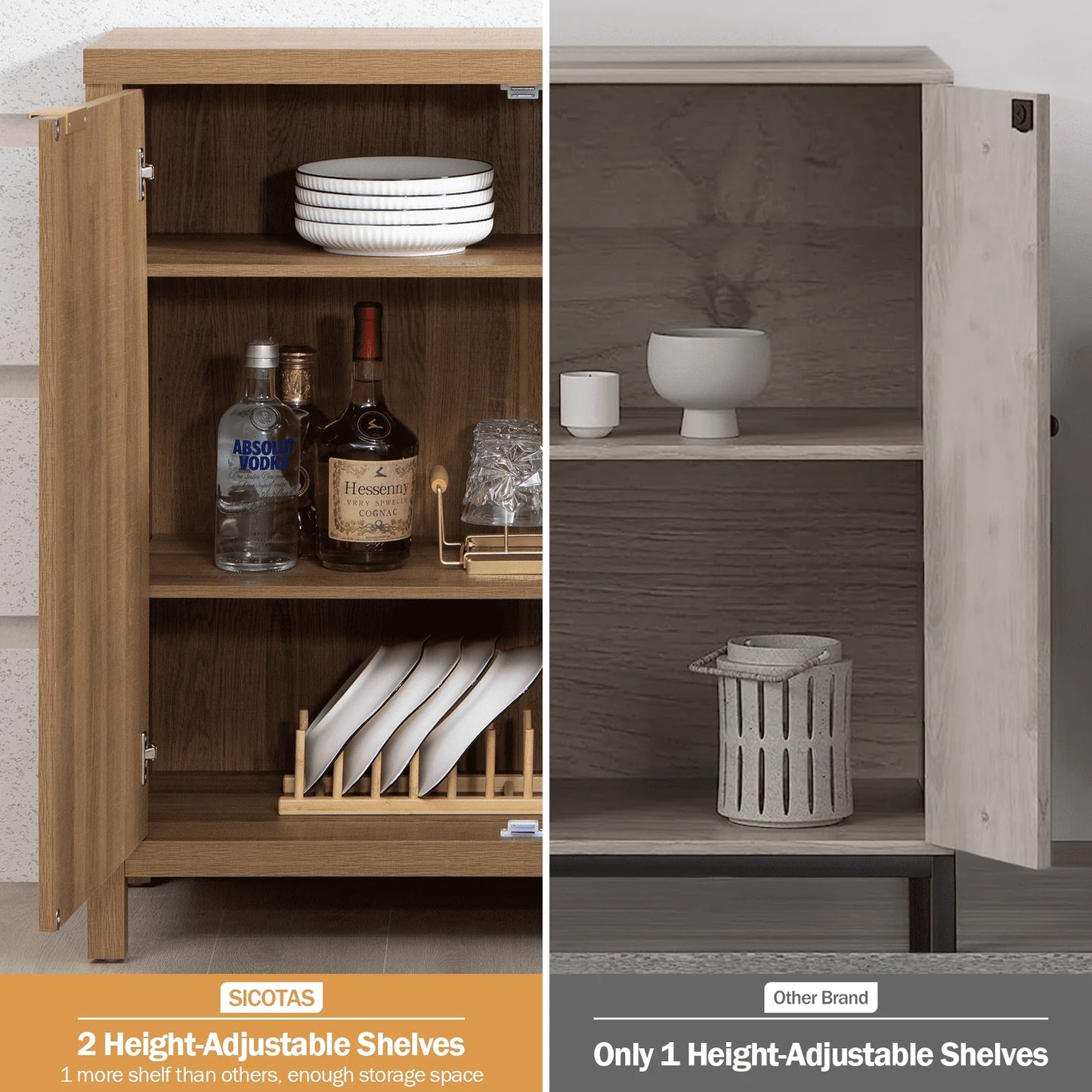 SICOTAS Sideboard Buffet Cabinet, Kitchen Cupboard Storage Cabinet with Rattan Doors and Shelves for Kitchen, Living Room, Bedroom