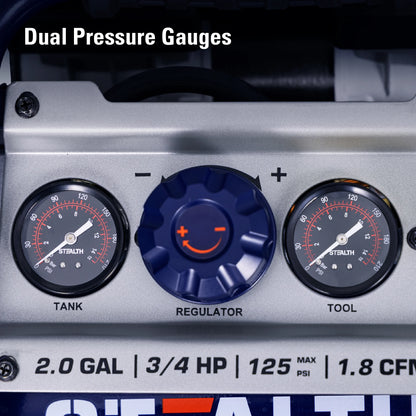 Stealth Ultra Quiet 2 Gallon 125 PSI Portable Electric Oil-Free Air Compressor, Professional Series