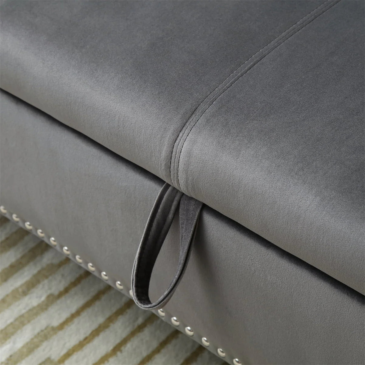 JINS& VICO 63'' Velvet Storage Ottoman Bench, Upholstered Tufted Sofa Stool with Rolled Armrest and Nailhead Trim, Rectangular Chaise Lounge with 1 Pillow for Living Room Bedroom, Gray