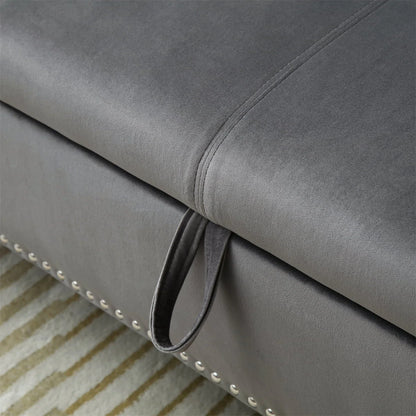 JINS& VICO 63'' Velvet Storage Ottoman Bench, Upholstered Tufted Sofa Stool with Rolled Armrest and Nailhead Trim, Rectangular Chaise Lounge with 1 Pillow for Living Room Bedroom, Gray