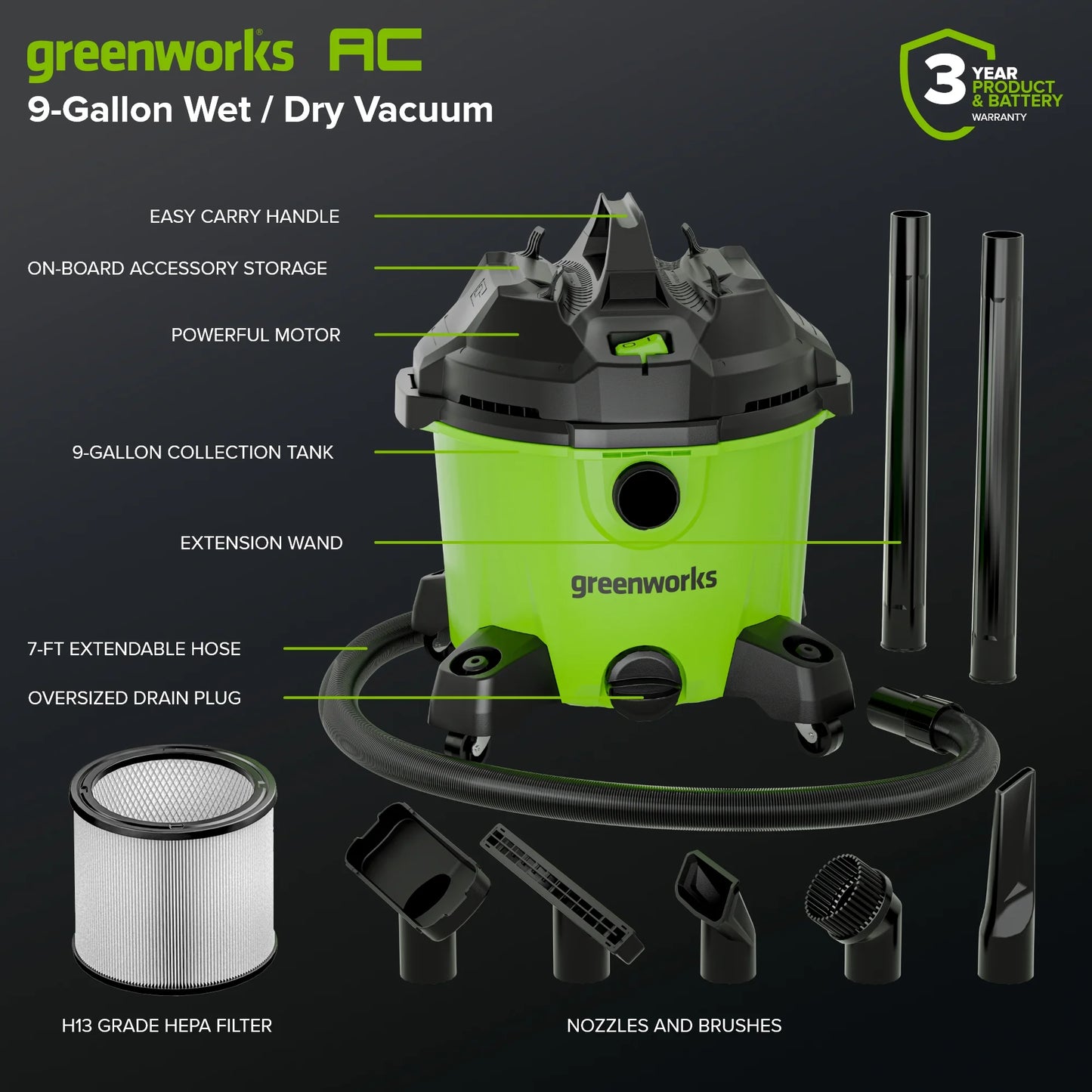 Greenworks 9 Gallon AC Wet/Dry Vacuum, Workshops Wheeled Cleaner with Washable HEPA Filter and Multiple Accessories for Hard Floor & Carpet