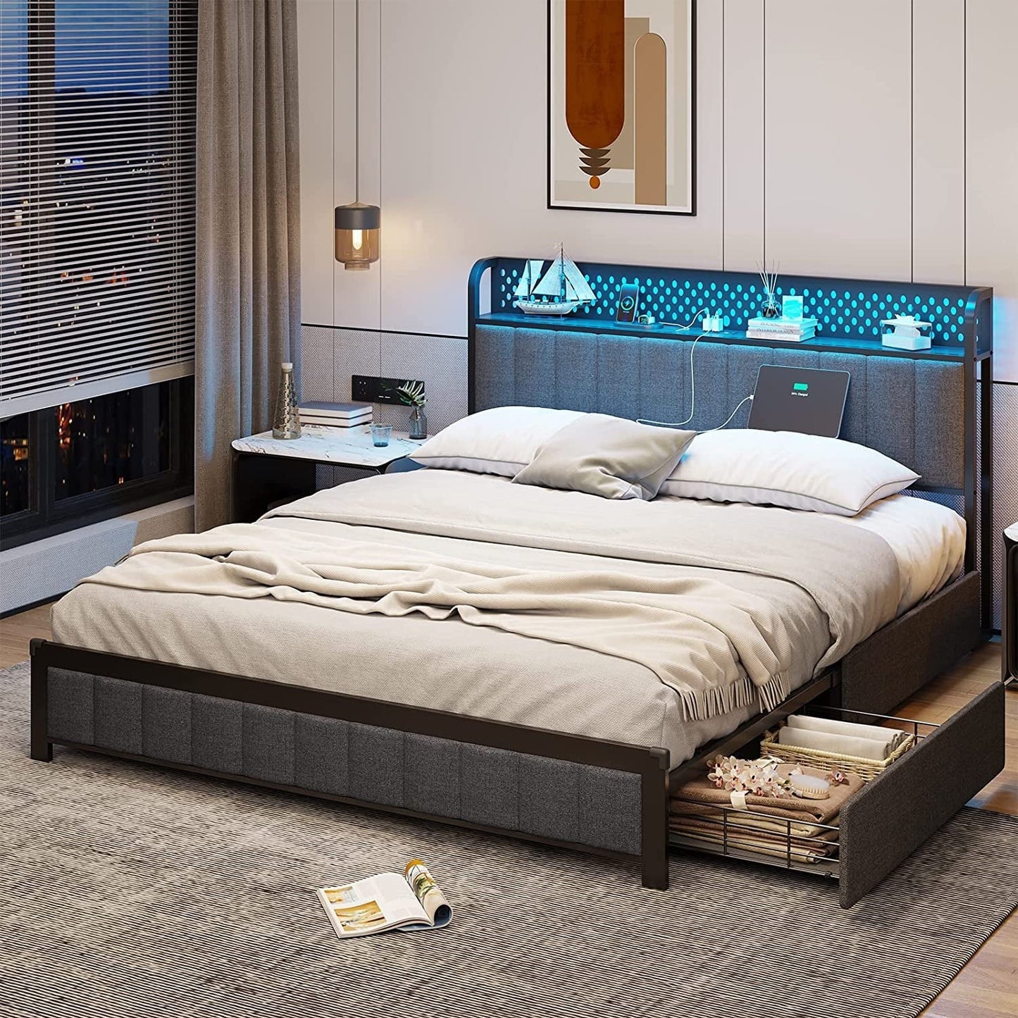 Tiptiper Queen Bed Frame with Storage Headboard, LED Bed Frame with Drawers, Upholstered Metal Platform Bed with USB Ports and Charging Outlets, No Squeak, Vertical Channel Tufting, Dark Gray